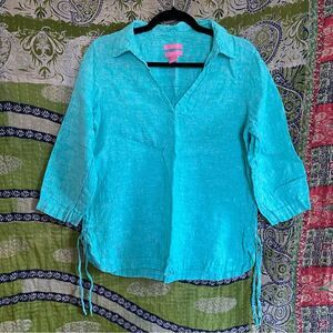NWOT Isaac Mizrahi New York Teal Coastal Linen Top Size Small